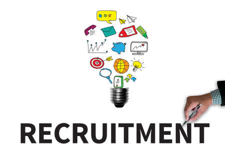 RECRUITMENT businessman work on white broad, top view