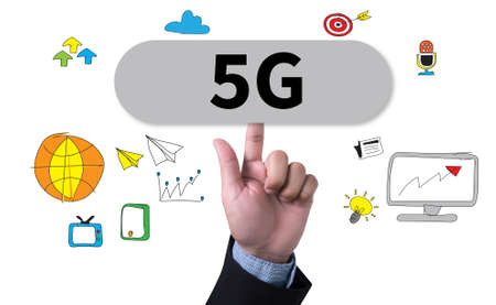 5G man pushing (touching) virtual web browser address bar or search bar