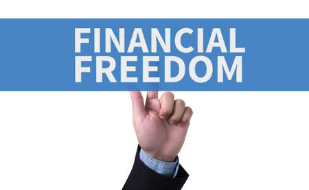 FINANCIAL FREEDOM man pushing (touching) virtual web browser address bar or search bar