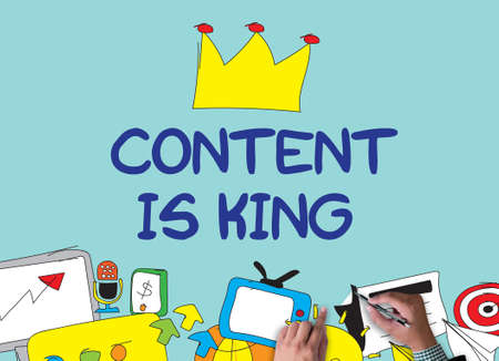 CONTENT IS KING  businessman work on white broad, top view