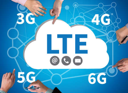 LTE CONCEPT  3g  4g  5g  6g businessman work on white broad, top view