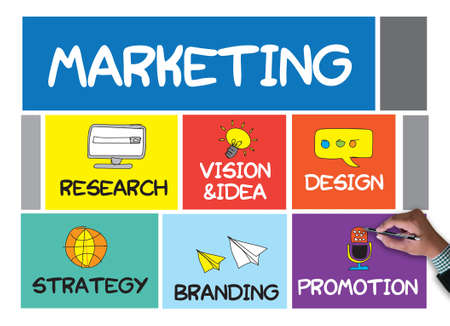 MARKETING STRATEGY businessman work on white broad, top viewの写真素材