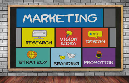 MARKETING STRATEGY on brick wall and chalkboard backgroundの写真素材