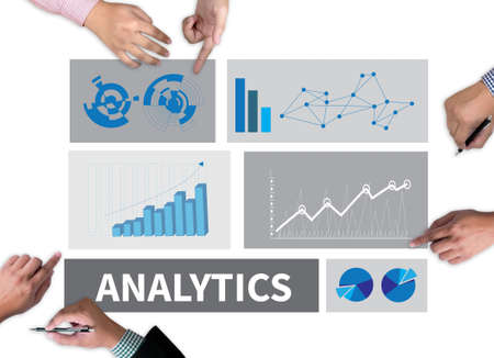 ANALYTICS (Analysis Analytic Marketing  Graph Diagram) businessman work on white broad, top viewの写真素材