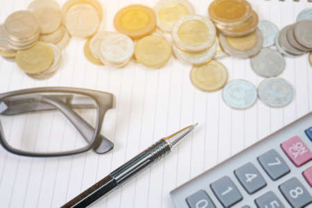 A finance Money, calculator notes, calculator top view with copy space workの写真素材