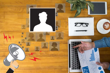 RESOURCES Human Resources Interview Recruitment Job  Businessman working at office desk and using computer and objects, coffee, top viewの写真素材