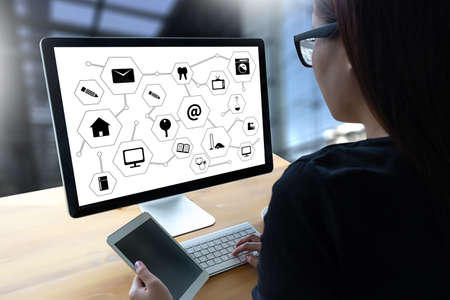 people using smart phone,laptop, online banking payment communication to use network technology...