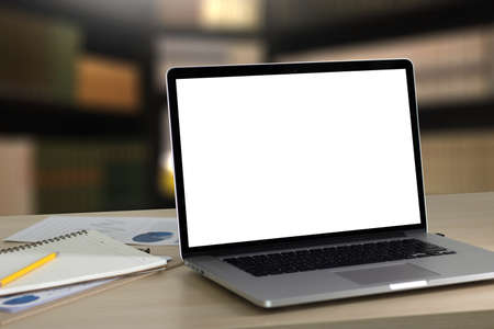 Laptop with blank screen on table. Workspace background new project on laptop computer with blank...