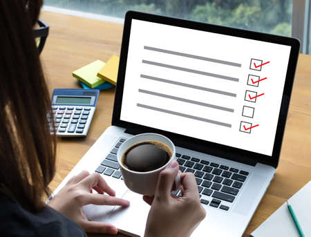 SURVEY and Results Analysis Discovery businessman giving online Conceptの写真素材