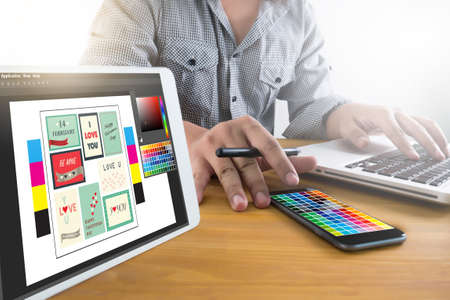 Creative Designer Graphic at work. Color swatch samples, Illustrator Graphic designer working...