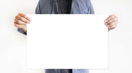 man holding blank bannerの写真素材