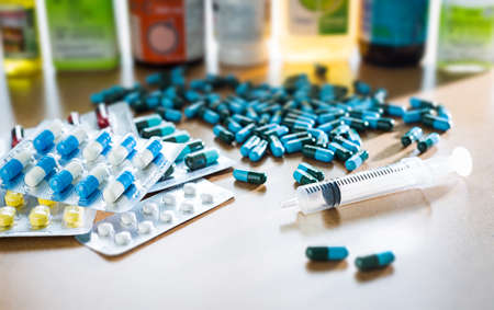 Drug syringe and heroin spoon medicament  container for health  Pharmacyの写真素材