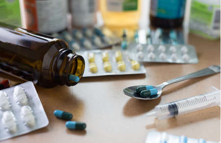 Drug syringe and heroin spoon medicament  container for health  Pharmacyの写真素材