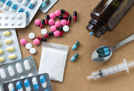 Drug syringe and heroin spoon medicament  container for health  Pharmacyの写真素材