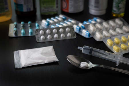 Drug syringe and cooked Pharmaceutical medicament, cure in container for healthの写真素材