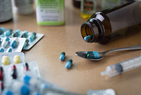 Drug syringe and heroin spoon medicament  container for health  Pharmacyの写真素材