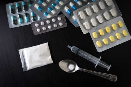 Drug syringe and cooked Pharmaceutical medicament, cure in container for healthの写真素材