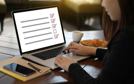 SURVEY and Results Analysis Discovery businessman giving online Conceptの写真素材