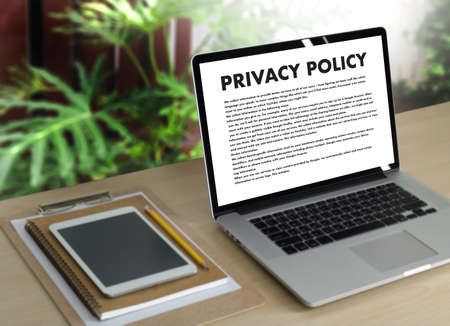 PRIVACY POLICY Private Security Protection,Businessman with protective gesture and text privacyの写真素材