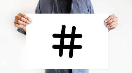 hashtag man use Social Media Blog Post computer and chatの写真素材