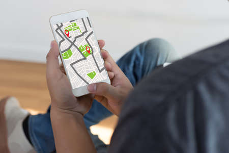 GPS Map to Route Destination network connection Location Street Map with GPS Icons  Navigationの写真素材
