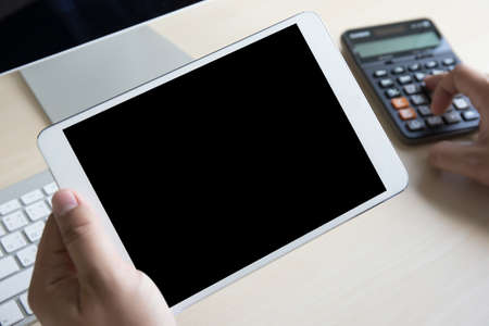 man Sitting Sofa Using Hands Modern Smartphone Tablet