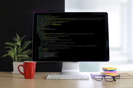 Developer Team Working Laptop Computer Mobile Application Softwareand Web Design Online Technology Content script to displayの写真素材
