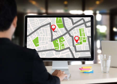GPS Map to Route Destination network connection Location Street Map with GPS Icons  Navigationのeditorial素材