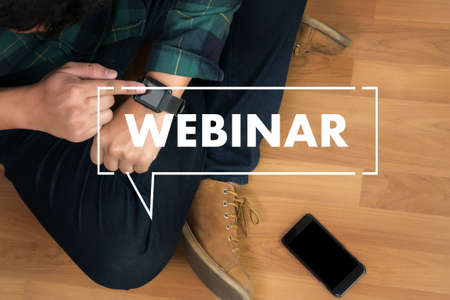 WEBINAR hand on table use E-business Browsing Connection in computer, coffee, Split toneの写真素材