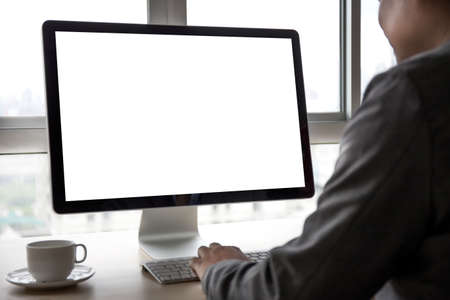 Workspace background new project on laptop computer with blank copy space screen for your advertising text message Laptop with blank screen on table.の写真素材