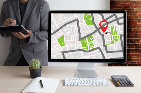 GPS Map to Route Destination network connection Location Street Map with GPS Icons  Navigationの写真素材