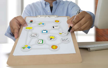 IOT business man hand working and internet of things (IoT) word diagram as concept use Browsing Internet computer Searching Data Internet Marketingの写真素材