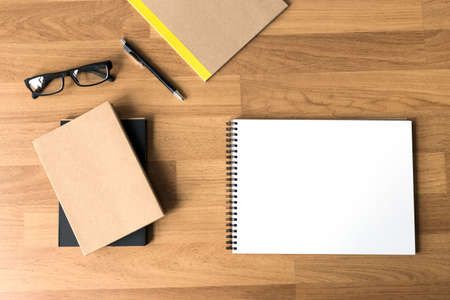 Blank catalog and book , magazines,book mock up on wood backgroundの写真素材