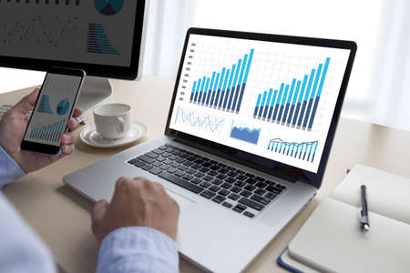 Statistics Analysis Business Data Diagram Growth Increase Marketing Concept , digital tablet and graph financial with social network diagramの写真素材