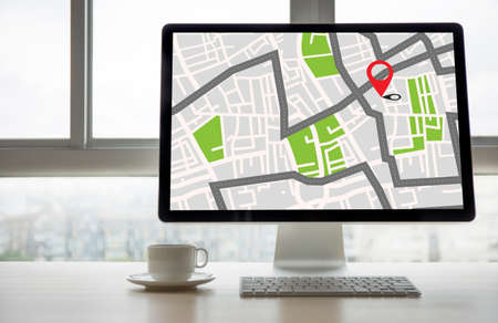 GPS Map to Route Destination network connection Location Street Map with GPS Icons  Navigationの写真素材