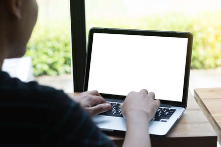 young man working Businessman using a desktop computer of the blank screen