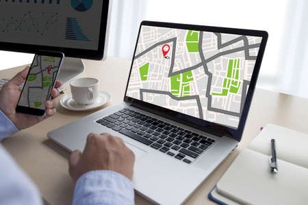 GPS Map to Route Destination network connection Location Street Map with GPS Icons  Navigationの写真素材