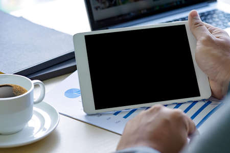 Workspace background new project on laptop computer with blank copy space screen for your...