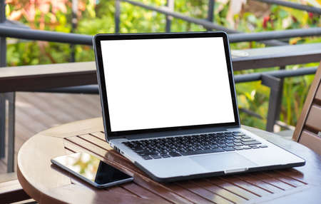 Workspace background new project on laptop computer with blank copy space screen for your...