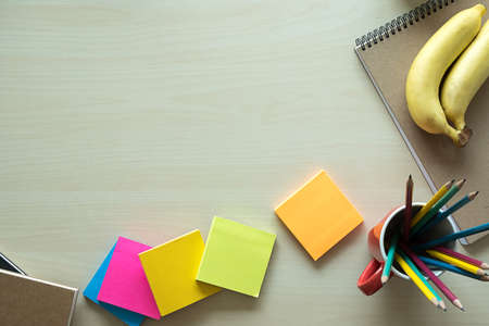 closeup notebook Flat lay home office workspace Top view