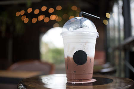 Morning light ice coffee cup in coffee shopの写真素材