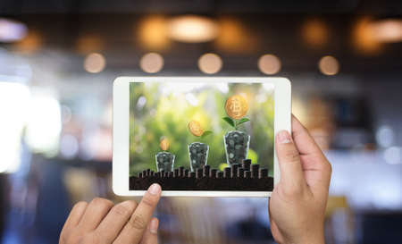 Financial golden Bitcoins ladder growth concept Crypto currency Bitcoins blockchain technologyの写真素材