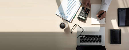 Close up businessman using calculator on documents Unrecognizable finance  use calculate about cost...