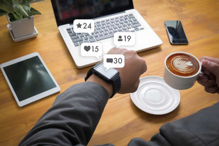 Contact us  sms media man use  smart phone social media network pop notification iconsの写真素材