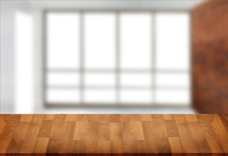 Wooden board empty table  window blurred background can be used for display or montage your products...