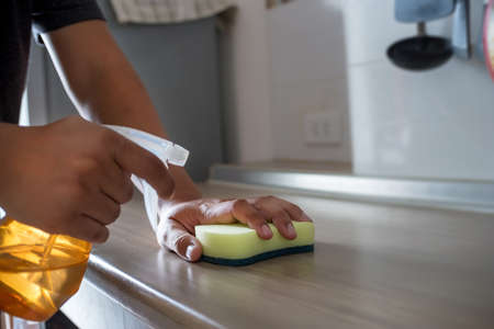 cleaning her house using a spray and a duster cleans