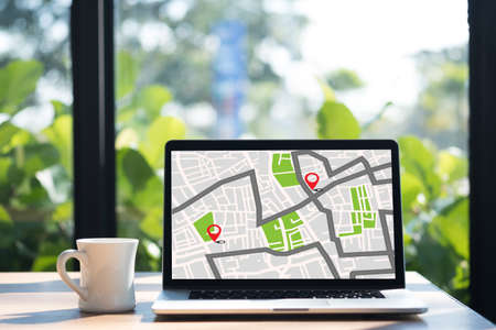 GPS Map to Route Destination network connection Location Street Map with GPS Icons  Navigationの写真素材