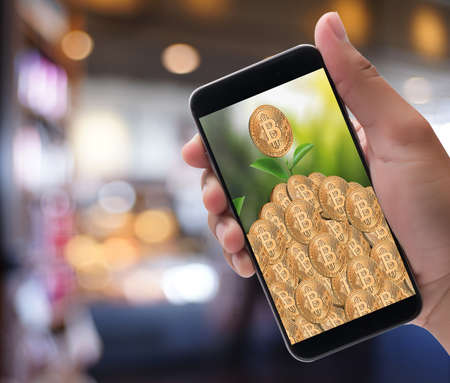 Financial golden Bitcoins ladder growth concept Crypto currency Bitcoins blockchain technology