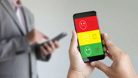 business man and woman select happy on satisfaction evaluation? And good mood smiley and evaluate