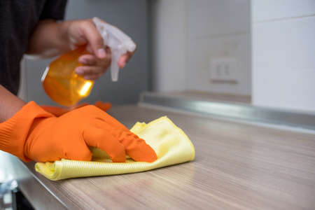 cleaning her house using a spray and a duster cleansの写真素材